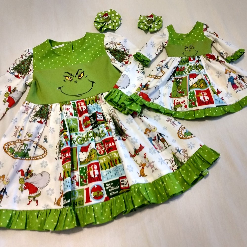 Grinch My Doll & Me Twirl Dresses & Hairbows